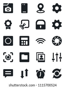 Set of vector isolated black icon - phone back vector, message, mobile camera, settings, tuning, calculator, alarm, record, folder, data exchange, wireless, cut, place tag, lock, eye id, sertificate