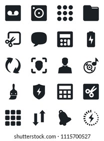 Set of vector isolated black icon - menu vector, message, update, mobile camera, protect, themes, user, calculator, bell, record, folder, data exchange, cut, face id, music, charge