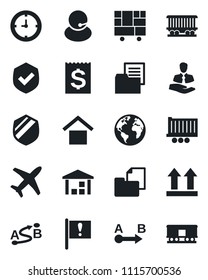 Set of vector isolated black icon - earth vector, railroad, important flag, plane, support, client, truck trailer, clock, receipt, consolidated cargo, folder document, warehouse storage, shield