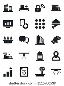 Set of vector isolated black icon - baggage conveyor vector, airport building, office, growth statistic, monitor, document reload, glove, navigation, heavy scales, dialog, menu, meeting, city house