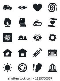 Set of vector isolated black icon - tree vector, sun, heart, syringe, hand, eye, term, network, id, fingerprint, book, house with, pond, smart home, smoke detector, car, office building