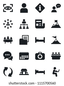 Set of vector isolated black icon - bed vector, hierarchy, meeting, term, folder document, camera, dialog, speaker, update, user, news, bedroom, cafe building, eye scan, information, motivation