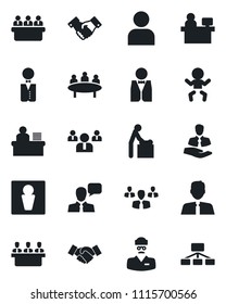 Set of vector isolated black icon - male vector, baby, room, handshake, team, meeting, manager place, doctor, client, speaker, user, desk, estate agent, waiter, group, hierarchy
