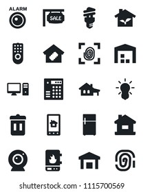 Set of vector isolated black icon - warehouse vector, house, with garage, sale, smart home, eco, fingerprint, remote control, water heater, web camera, pc, app, bulb, energy saving, trash bin