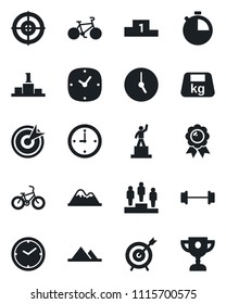 Set of vector isolated black icon - pedestal vector, medal, barbell, bike, heavy, clock, stopwatch, target, mountains, award cup