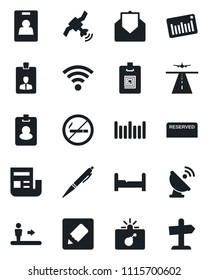 Set of vector isolated black icon - runway vector, escalator, no smoking, bomb in case, identity card, barcode, satellite antenna, mail, notes, wireless, news, pen, bedroom, reserved, pass