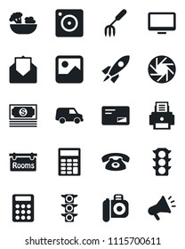 Set of vector isolated black icon - garden fork vector, cash, traffic light, camera, monitor, mail, mobile, gallery, calculator, printer, rooms, phone, salad, rocket, car, advertising