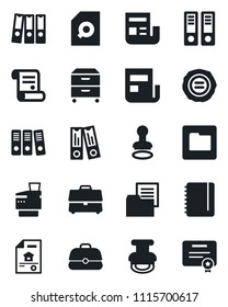 Set of vector isolated black icon - stamp vector, office binder, notepad, contract, folder document, case, news, search, paper, archive box, copier, estate, certificate
