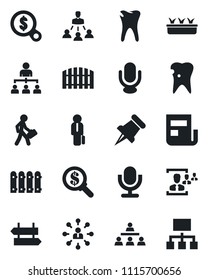 Set of vector isolated black icon - signpost vector, hierarchy, seedling, caries, microphone, paper pin, news, hr, manager, fence, money search