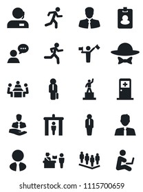Set of vector isolated black icon - dispatcher vector, passport control, security gate, medical room, manager, pedestal, team, run, client, speaker, support, meeting, estate agent, dress code