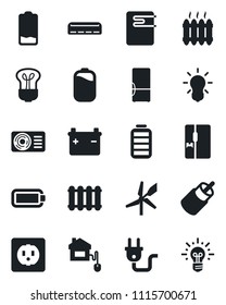 Set of vector isolated black icon - battery vector, low, rca, heater, air conditioner, fridge, home control, socket, power plug, water, radiator, bulb, windmill, idea