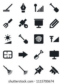 Set of vector isolated black icon - right arrow vector, job, pencil, garden fork, shovel, rake, satellite, brightness, fingerprint id, cellular signal, presentation board, drawing pin, ink pen, plan