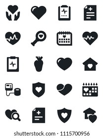 Set of vector isolated black icon - heart vector, pulse, diagnosis, blood pressure, diagnostic, shield, hand, real, medical calendar, clipboard, sweet home