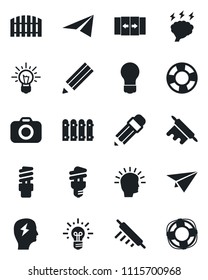 Set of vector isolated black icon - automatic door vector, brainstorm, bulb, camera, pencil, fence, rolling pin, energy saving, shining head, idea, paper plane, crisis management