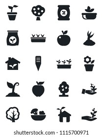 Set of vector isolated black icon - flower in pot vector, seedling, tree, sproute, plant label, fertilizer, fruit, salad, apple, eco house, palm