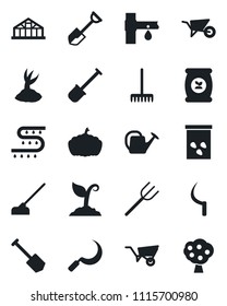 Set of vector isolated black icon - job vector, shovel, farm fork, rake, watering can, wheelbarrow, sproute, hoe, sickle, pumpkin, greenhouse, seeds, fertilizer, drip irrigation, fruit tree