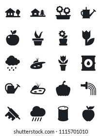 Set of vector isolated black icon - flower in pot vector, seedling, watering can, rain, pumpkin, tulip, oil barrel, house with tree, pond, rolling pin, apple fruit