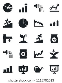 Set of vector isolated black icon - growth statistic vector, watering can, sproute, fertilizer, drip irrigation, bar graph, pie, point, career ladder, arrow up, crisis, presentation