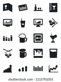 Set of vector isolated black icon - growth statistic vector, barcode, equalizer, scanner, monitor statistics, alcohol, wine card, drink, cocktail, phyto bar, beer, sushi, arrow up graph