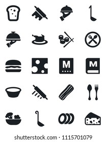 Set of vector isolated black icon - spoon and fork vector, cafe, menu, salad, plates, bacon, waiter, bread, chicken, hamburger, ladle, bowl, rolling pin, sushi, cheese