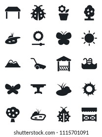 Set of vector isolated black icon - flower in pot vector, lawn mower, butterfly, lady bug, sun, pond, brightness, pool, fruit tree, mountains, table, alcove