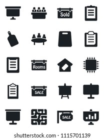 Set of vector isolated black icon - presentation board vector, meeting, clipboard, sale, rooms, sold signboard, smart home, cutting, chip
