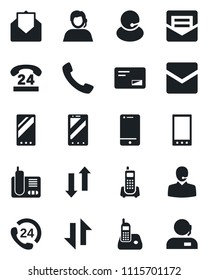 Set of vector isolated black icon - mobile phone vector, office, 24 hours, support, cell, radio, mail, call, data exchange
