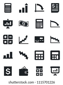 Set of vector isolated black icon - credit card vector, growth statistic, calculator, crisis graph, receipt, bar, wallet, cash, presentation