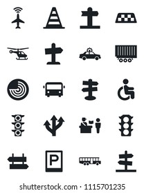 Set of vector isolated black icon - plane radar vector, taxi, airport bus, parking, passport control, signpost, alarm car, border cone, helicopter, disabled, route, traffic light, truck trailer