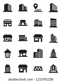 Set of vector isolated black icon - taxi vector, shop, office building, garden light, navigation, store, city house, cafe, storefront