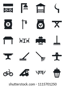 Set of vector isolated black icon - cafe vector, ladder car, rake, sickle, garden light, picnic table, fertilizer, bike, restaurant, alcove, outdoor lamp