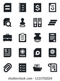 Set of vector isolated black icon - passport vector, stamp, office binder, document, reload, receipt, clipboard, case, paper clip, folder, search, checklist, tray, contract