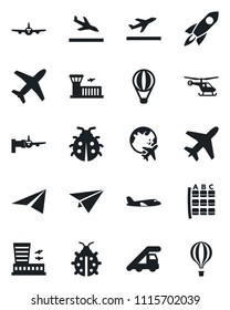Set of vector isolated black icon - plane vector, departure, arrival, ladder car, boarding, helicopter, seat map, globe, airport building, lady bug, rocket, paper, air balloon