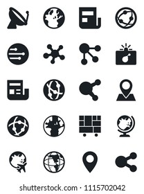 Set of vector isolated black icon - satellite antenna vector, bomb in case, globe, plane, earth, pin, consolidated cargo, network, share, news, social media