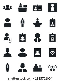 Set of vector isolated black icon - female vector, reception, manager, identity card, place, patient, user, desk, estate agent, pass, group
