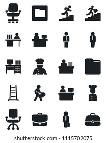 Set of vector isolated black icon - manager vector, desk, place, ladder, folder, career, cook, office chair, case