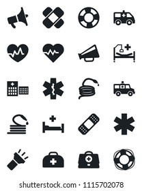Set of vector isolated black icon - hose vector, heart pulse, doctor case, patch, ambulance star, car, hospital bed, loudspeaker, torch, crisis management