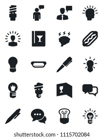 Set of vector isolated black icon - speaking man vector, pen, brainstorm, bulb, dialog, wine card, hot dog, energy saving, shining head, idea