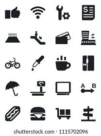 Set of vector isolated black icon - umbrella vector, escalator, airport building, coffee, dropper, bike, receipt, cargo, heavy scales, route, tv, finger up, wireless, root setup, fridge, credit card