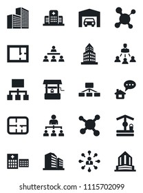 Set of vector isolated black icon - hierarchy vector, well, molecule, hospital, office building, garage, plan, home message