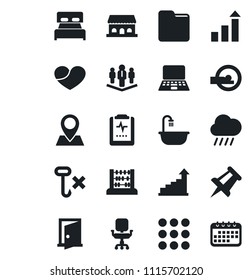 Set of vector isolated black icon - growth statistic vector, abacus, notebook pc, drawing pin, rain, tomography, pulse clipboard, no hook, heart, menu, folder, office chair, company, bedroom, door