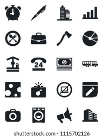 Set of vector isolated black icon - airport bus vector, spoon and fork, alarm clock, no laptop, bomb in case, well, axe, cash, 24 hours, camera, loudspeaker, notes, bar graph, pie, pen, washer