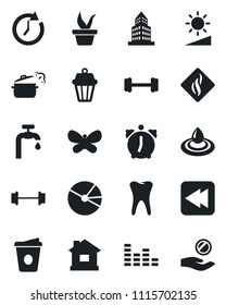 Set of vector isolated black icon - coffee vector, seedling, butterfly, house, barbell, tooth, equalizer, rewind, alarm, brightness, office building, pie graph, water supply, steaming pan, clock