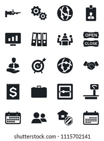 Set of vector isolated black icon - boarding vector, handshake, identity card, case, statistic monitor, client, term, receipt, heavy scales, network, group, scanner, paper binder, meeting, target