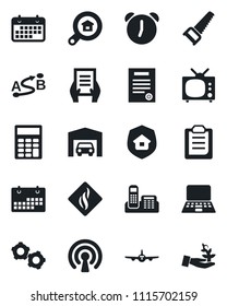 Set of vector isolated black icon - plane vector, gear, notebook pc, document, saw, term, route, alarm, clipboard, calendar, calculator, office phone, contract, garage, estate search, tv, insurance