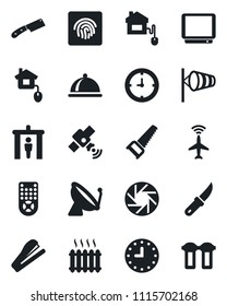 Set of vector isolated black icon - plane radar vector, satellite antenna, security gate, wind, saw, garden knife, clock, tv, remote control, mobile camera, fingerprint id, stapler, heater, dish