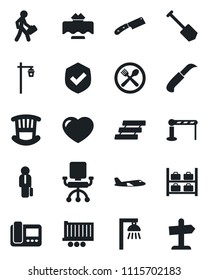Set of vector isolated black icon - barrier vector, plane, luggage storage, job, garden knife, light, truck trailer, shield, heart, paper tray, manager, children room, restaurant table, cafe