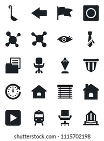 Set of vector isolated black icon - train vector, left arrow, pennant, house, molecule, eye, folder document, play button, record, office chair, tie, ladle, jalousie, clock, flag, building