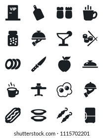 Set of vector isolated black icon - pills bottle vector, coffee, restaurant table, reception, cocktail, plates, waiter, salt and pepper, vip zone, kebab, hot dog, cutting board, knife, sushi, fridge