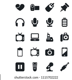 Set of vector isolated black icon - tv vector, camera, microphone, video, remote control, cell phone, headphones, laptop pc, radio, heart, paper pin, battery, pause button, rca, jack connector